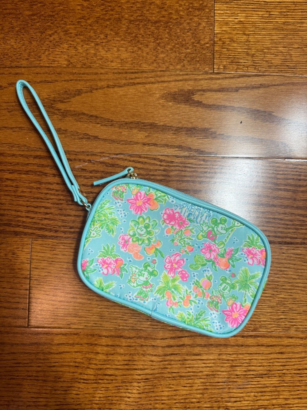 Lilly Pulitzer Aqua Floral Wristlet with Pink & Green Accents